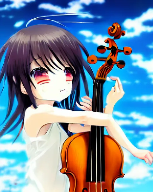 Image similar to anime style, chibi, full body, a cute girl with white skin and golden long wavy hair holding a violin and playing a song, heavenly, stunning, modern art, lunar time, trending art, sharp focus, centered, landscape shot, happy, fleeting dream, simple background, studio ghibly makoto shinkai yuji yamaguchi, by wlop