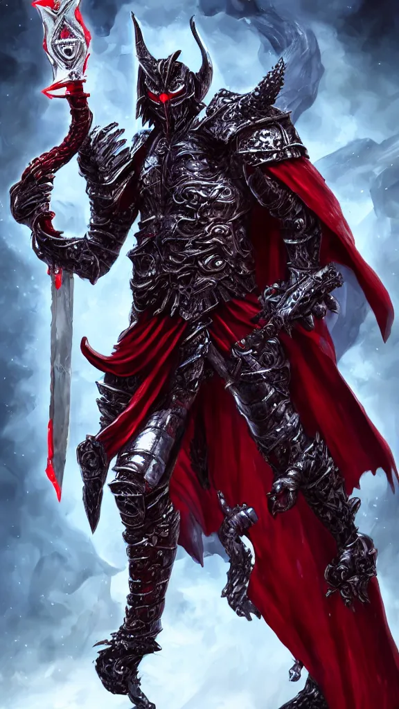 Image similar to male demon holding a obsidian sword, ice metallic armor, red cape, detailed arms, intricate ice armor, two arms, two legs, detailed fanart, rpg art, d&d art, macro art, digital art, DeviantArt, artstation, 8k HD