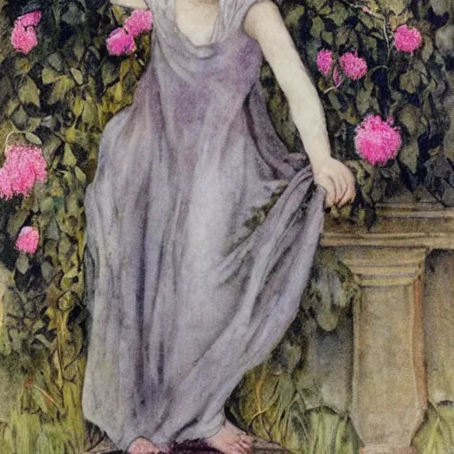 Prompt: castor oil plant fairy wearing a grey gown by Cicely Mary Barker