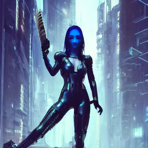 Image similar to cyberpunk girl wielding a sci - fi sword, electric energy, beautiful, full body shot, getting ready to fight, heroic pose, urban motifs, intricate, elegant, highly detailed, digital painting, trending on artstation, concept art, smooth sharp focus, illustration, art by artgerm and greg rutkowski