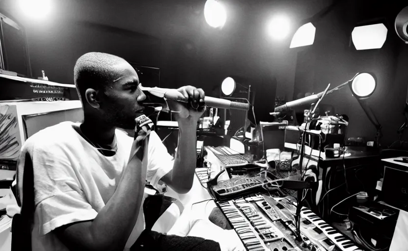 Prompt: frank ocean making music in the studio, greyscale