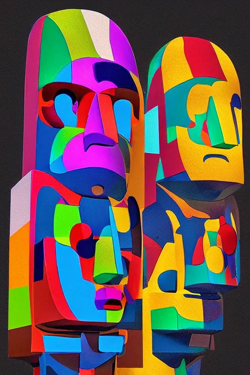 Image similar to cubist moai statue cutout digital illustration cartoon colorful beeple