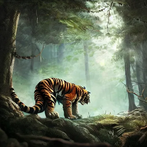 Image similar to a dragon and a tiger hybrid in the forest, dynamic lighting, photorealistic concept art, stunning visuals, creative, cinematic, ultra detailed, best detail