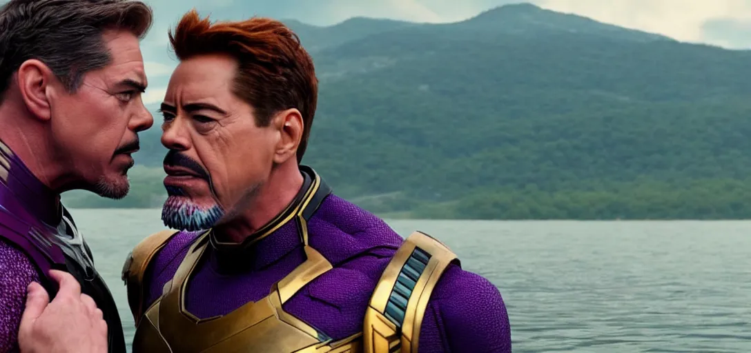 Image similar to a very high resolution image from a new movie. thanos kissing tony stark on a lake, photorealistic, photography, directed by wes anderson