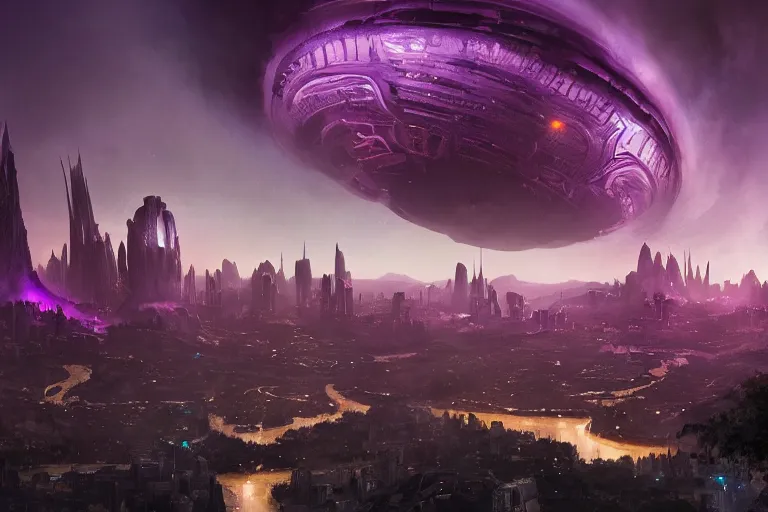 Prompt: An alien city surrounded by black monoliths surging with chaos magic at the bottom of yellow hills with a river running through it, clear purple skies in the background, by Thomas Kincade, Richard Sigamani, 8k photorealistic, cinematic lighting, HD, high details, dramatic, trending on artstation