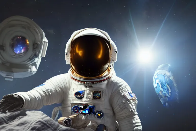 Prompt: astronaut in space wearing a spacesuit floating, milky way galaxy in background, highly detailed, photorealistic portrait, bright studio setting, studio lighting, crisp quality and light reflections, unreal engine 5 quality render