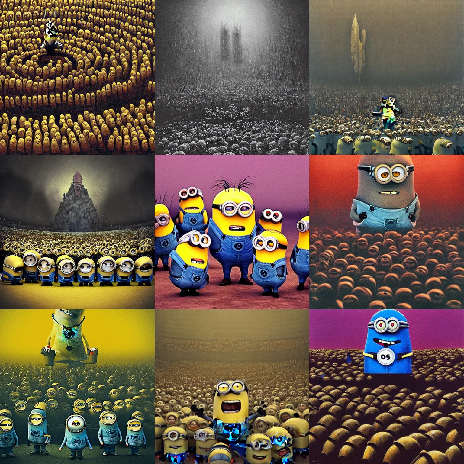 Prompt: minions surrounding gru on stage in the style of beksinski