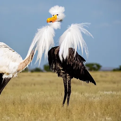 Image similar to secretary bird and an ostrich, fighting each other, in a fantasy field made of cotton candy