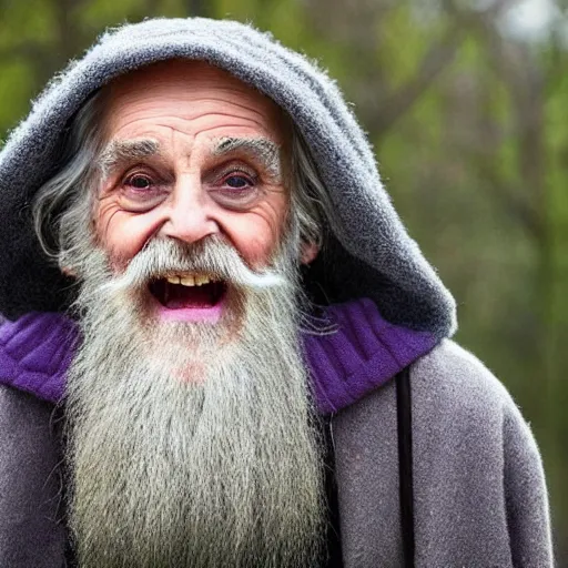 Image similar to emma watson as an old druid wizard, bushy grey eyebrows, long grey beard, disheveled, wise old man, wearing a grey wizard hat, wearing a purple detailed coat, a bushy grey beard, sorcerer, he is a mad old man, laughing and yelling