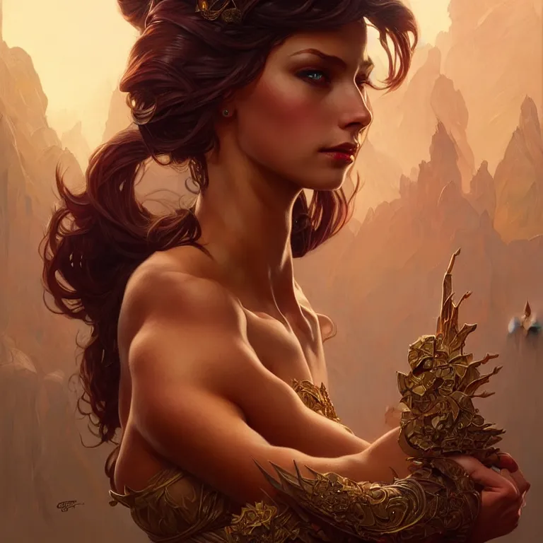 Prompt: queen hot female, muscular upper body,lean body,D&D, fantasy, intricate, elegant, highly detailed, digital painting, artstation, concept art, smooth, sharp focus, illustration, art by artgerm and greg rutkowski and alphonse mucha