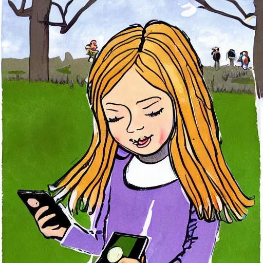 Image similar to children book illustration of little blonde girl with iphone by eloise wilkin