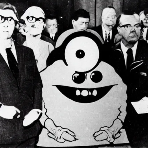 Image similar to vintage picture of mike wazowski from monsters inc at nuremberg trials