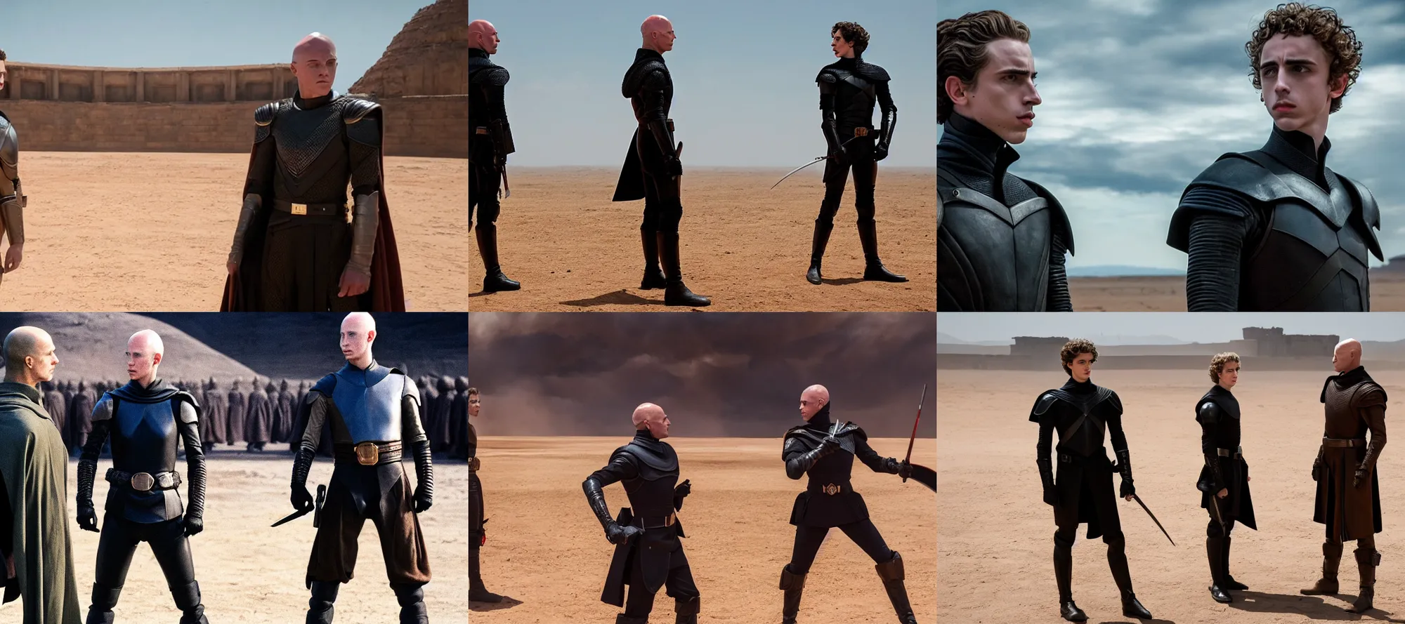 Prompt: Establishing shot of a duel between bald ominous brooding Austin Butler as Feyd-Rautha Harkonnen against Timothee Chalamet as Paul Atreides, in an arena, clear gaze, detailed eyes