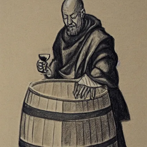 Image similar to charcoal sketch of a monk drinking wine next to a barrel, medieval style