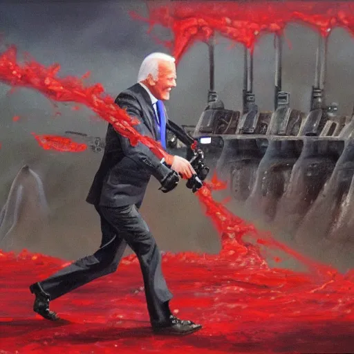 Image similar to Joe Biden holding a minigun standing ankle deep in a pool of blood with a war happening in the background, oil painting