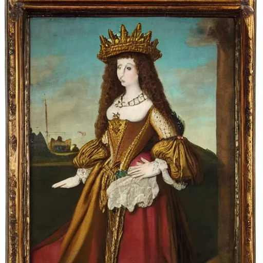 Image similar to a rabbit dressed as a queen, 17th century oil painting