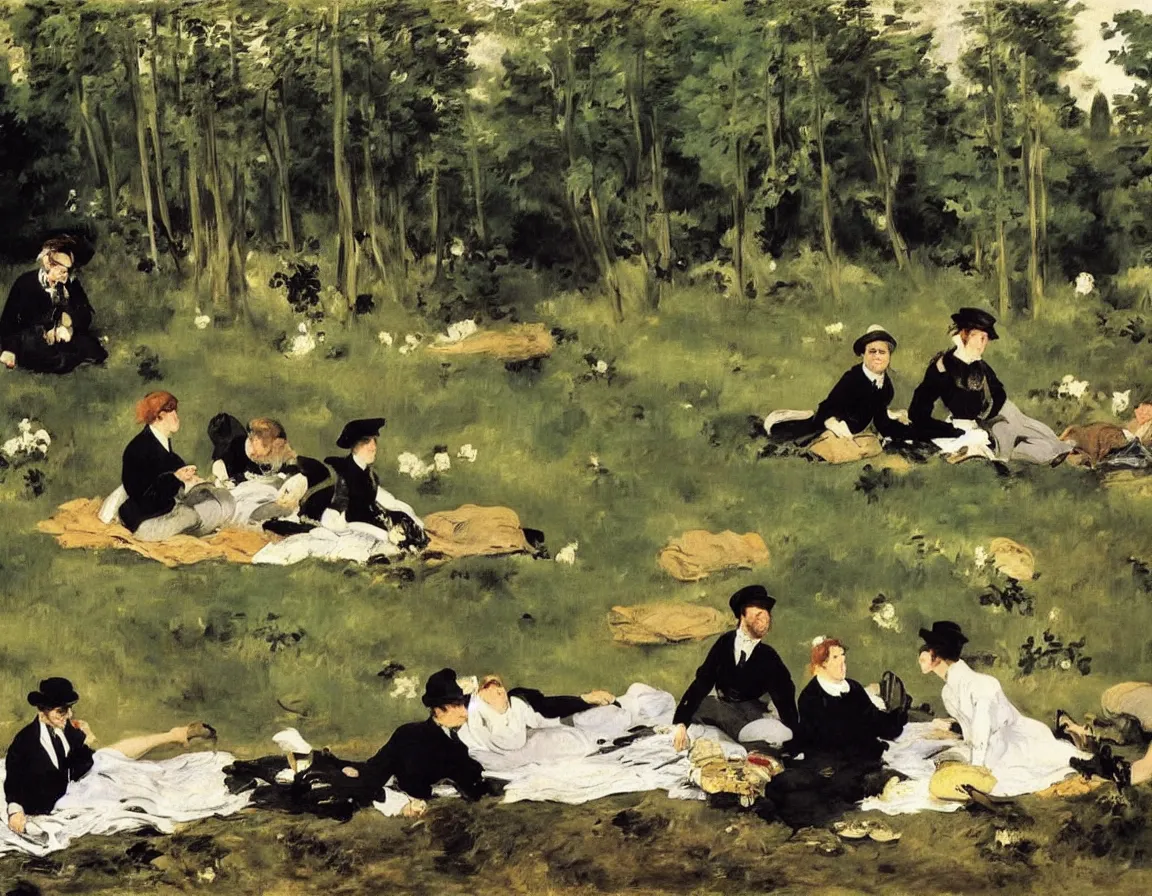 Image similar to edouard manet. very close up detailed depiction of people picknick on a blanket on a meadow in the woods. woman and men dressed in black. blanket, beer, music. one woman with three men. a very nice an afternoon with the. little river in background. dark forest. hyperrealistic.