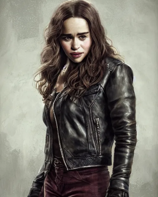 Image similar to beautiful oil on canvas portrait of beautiful Emilia Clarke with invitin expression in sons of anarchy tv show, wearing samcrow leather jacket, D&D style , highly detailed, digital art, trending on artstation, smooth, sharp focus, illustration, art by artgem and ROBERT HYNES