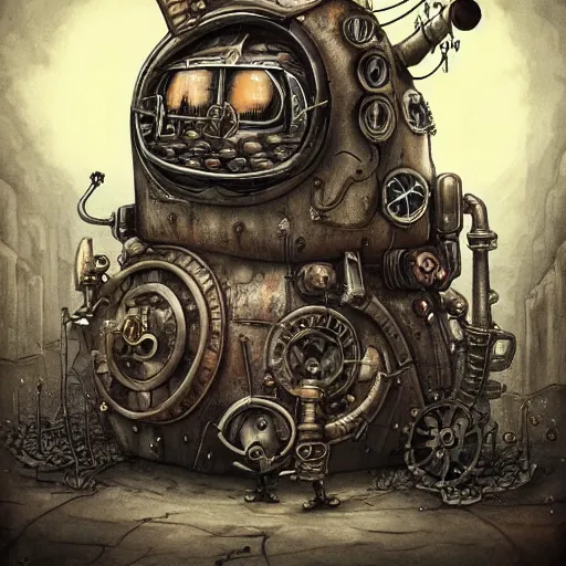 Prompt: machinarium art, steampunk style, fantasy style, super high detail, super high quality, talented artist, trending on artstation