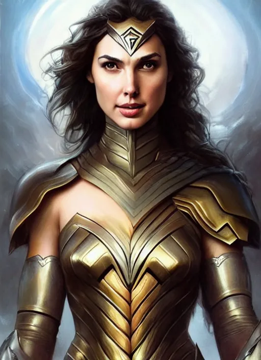 Prompt: a beautiful woman gal gadot with horns and armor, painted by artgerm and tom bagshaw, fantasy art, dramatic lighting, highly detailed oil painting