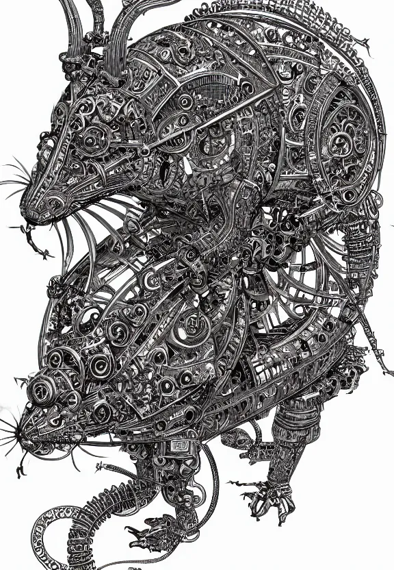 Image similar to schematic blueprint of highly detailed ornate filigreed convoluted ornamented elaborate cybernetic rat, art by da vinci