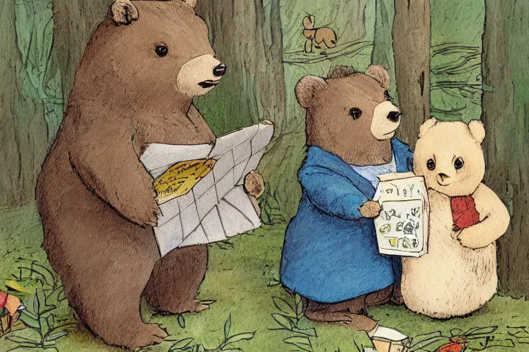 Prompt: a detailed children's book illustration by beatrix potter of a cute female bear child holding an envelope with a look of surprise surrounded by woodland animals. digital art, trending on artstation.