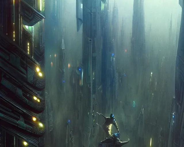 Image similar to a man falling, futuristic city background, sci - fi, cyberpunk, dune movie, ridley scott, denis villeneuve, painted by zdzislaw beksinski and artgerm and greg rutkowski and alphonse mucha