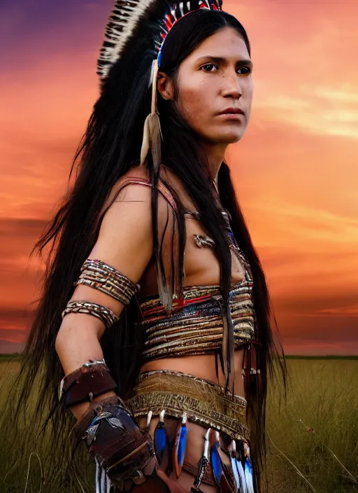 Prompt: hyper detailed realistic photo of an American Indian warrior princess wearing a headdress, in a field with a bison at sunset, long black hair, hd, 8k, muted colors,award winning photography