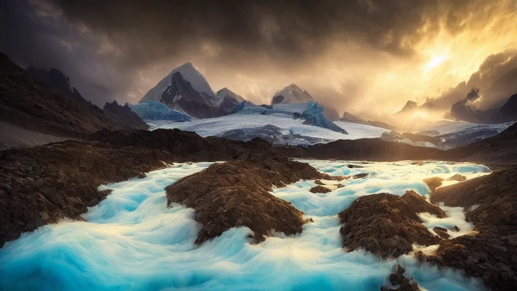 Image similar to amazing landscape photo of a glacier by marc adamus, beautiful dramatic lighting