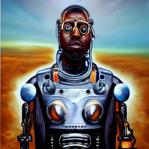 Image similar to a realistic oil painting of a cybernetic kanye west cyborg, surrealism portrait, post apocalyptic album cover