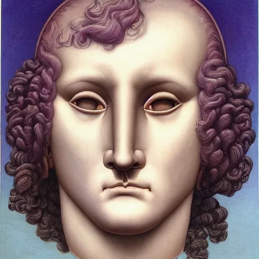 Prompt: washed - out outrun, tyrian purple by evelyn de morgan. a beautiful installation art of a giant head. the head is bald & has a big nose. the eyes are wide open & have a crazy look. the mouth is open & has sharp teeth. the neck is long & thin.