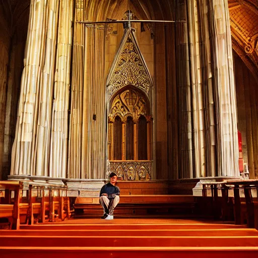 Image similar to man in large throne room of grand cathedral, sitting alone, shadows, fantasy, profile picture
