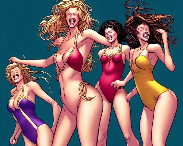 Prompt: fantasy comic cover art of a ( ( group of swimsuit models ) ) laughing at harvey weinstein, detailed faces, illustration by jenny frison and sana takeda and kenichi sonoda, intricate details, stunning inking lines, stunning gradient colors, 4 k, hd, artstation, award winning