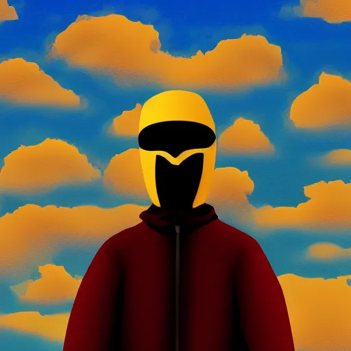 Image similar to a masked man standing among the clouds, digital art