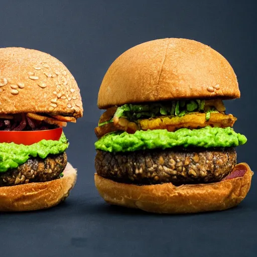 Image similar to vegan hamburger with guacamole and crispy fried onion and fried egg toppings, crispy buns, 8 k resolution, studio lighting, sharp focus, hyper - detailed