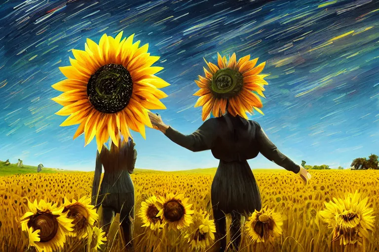 Image similar to giant sunflower as a head, girl walking in wheat field, hills, surreal photography, dark night, star trails, dramatic light, impressionist painting, clouds, digital painting, artstation, simon stalenhag