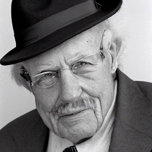 Image similar to A photograph portrait of an old man in his eighties who looks like Jerma985 wearing a suit with and fedora in the 1990s, taken in the early 1990s, grainy, taken on a 1990s Camera, realistic, hyperrealistic, very realistic, highly detailed, very detailed, extremely detailed, detailed, digital art, trending on artstation