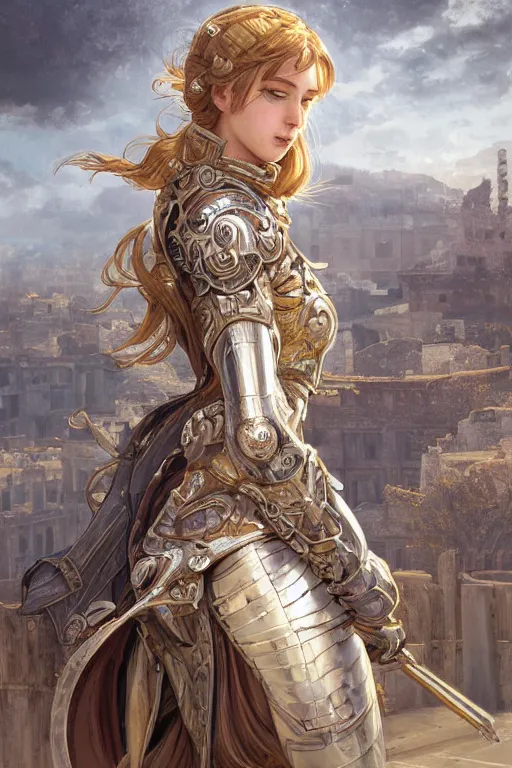 Image similar to portrait knights of Zodiac girl, metallic Silver and ice color reflected armor, in ruined Agora of Athens, ssci-fi, fantasy, intricate, very very beautiful, elegant, golden light, highly detailed, digital painting, artstation, concept art, smooth, sharp focus, illustration, art by WLOP and tian zi and alphonse mucha