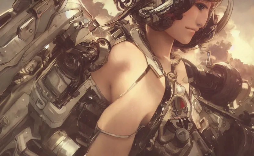 Image similar to mechanized valkyrie, anime style, airforce ace, vintage clothing, spread wings, short hair, hair down, symmetrical facial features, from arknights, hyper realistic, 4 k, rule of thirds, extreme detail, detailed drawing, trending artstation, hd, d & d, realistic lighting, by alphonse mucha, greg rutkowski