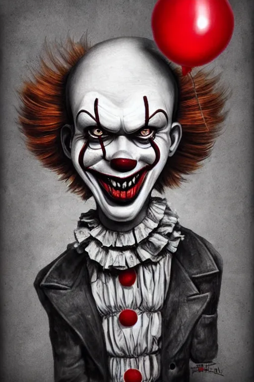 Image similar to surrealism grunge cartoon portrait sketch of Pennywise with a wide smile and a red balloon by - michael karcz, loony toons style, freddy krueger style, horror theme, detailed, elegant, intricate