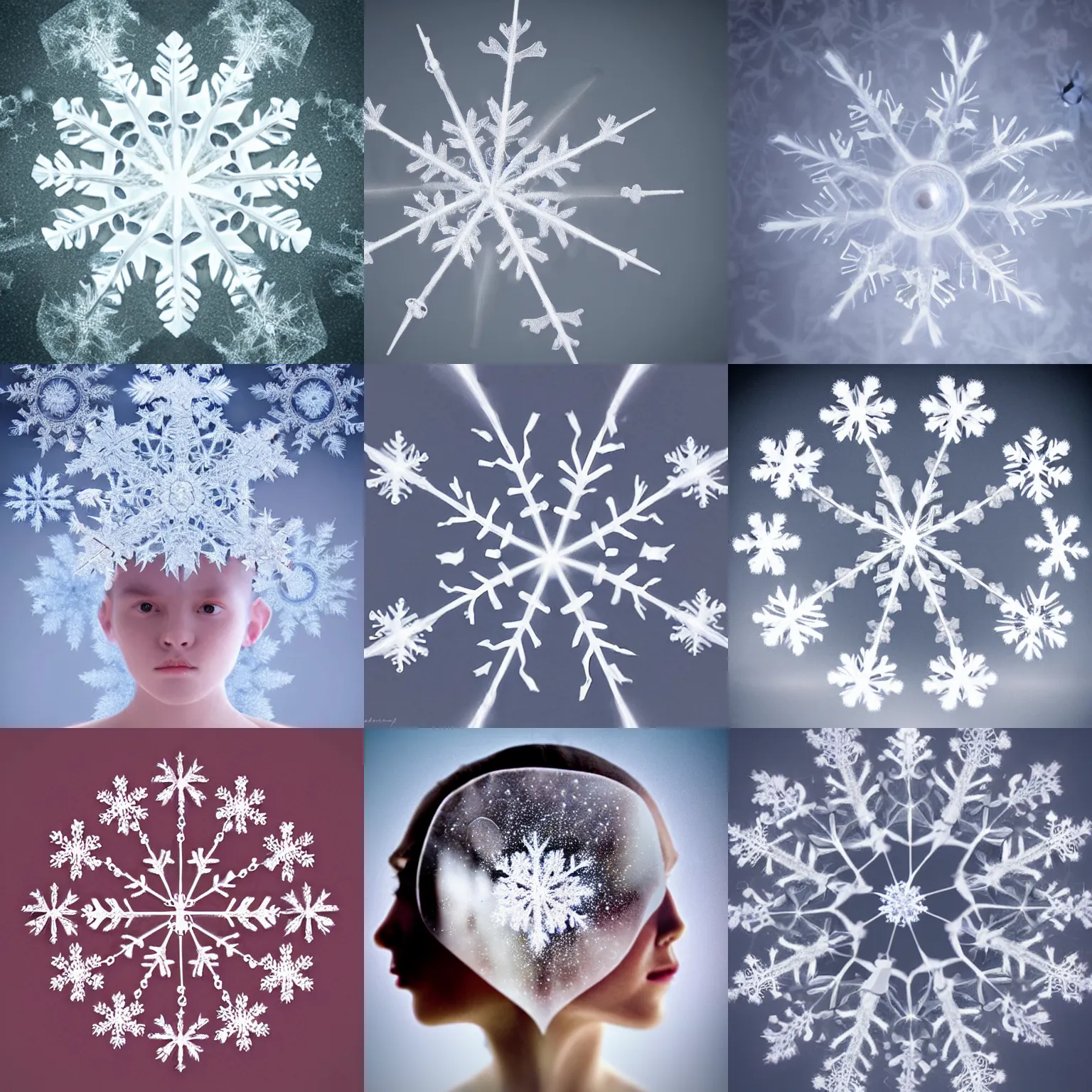 Prompt: silk snowflake with tiny ethereal transparent human face in the middle. surreal photography surreal photography