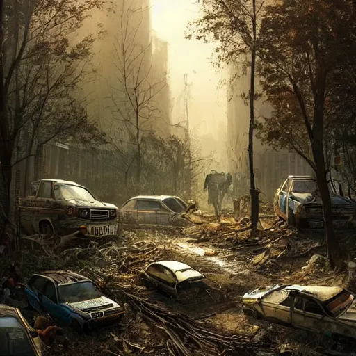 Image similar to postapocalyptic city of munic!!!, wild forest!!! vegetation!!!, small rubble!!, rusty bmw cars!!, hyperrealistic, highly detailed, cinematic, sunny light, beautiful, cgssociety, artstation, 8 k, oil painting by greg rutkowski, by artgerm, by wlop