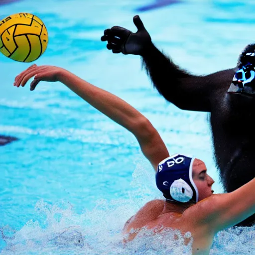 Prompt: a water polo goalkeeper stopping a ball thrown by a silverback gorilla