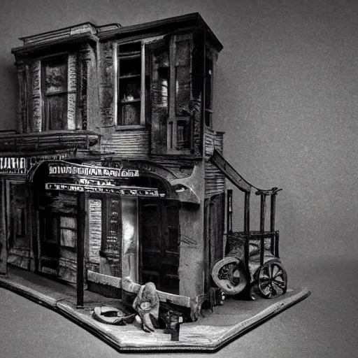 Prompt: a diorama of a 1 8 9 0 s crime scene, noir, 3 dimensional, intricate details