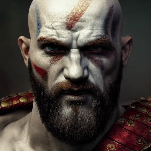 Image similar to portrait of kratos, intricate artwork, concept art, octane render, deviantart, cinematic, key art, hyperrealism, iridescent accents, portrait photograph, nikon 3 5 mm, photograph by greg rutkowski