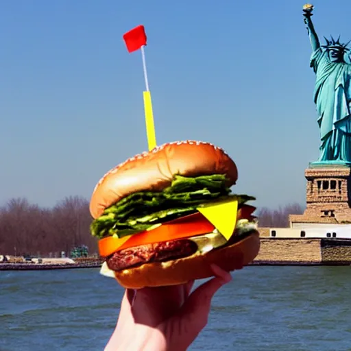 Prompt: the statue of liberty holding a burger realistic