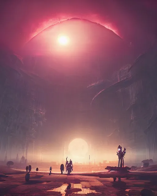 Prompt: beautiful landscape, nier automata, protoss temple!!!, machine planet, pink sun, tropical forest, colorful light, advanced technology, cinematic lighting, highly detailed, masterpiece, art by bastien grivet and darwin cellis and jan urschel