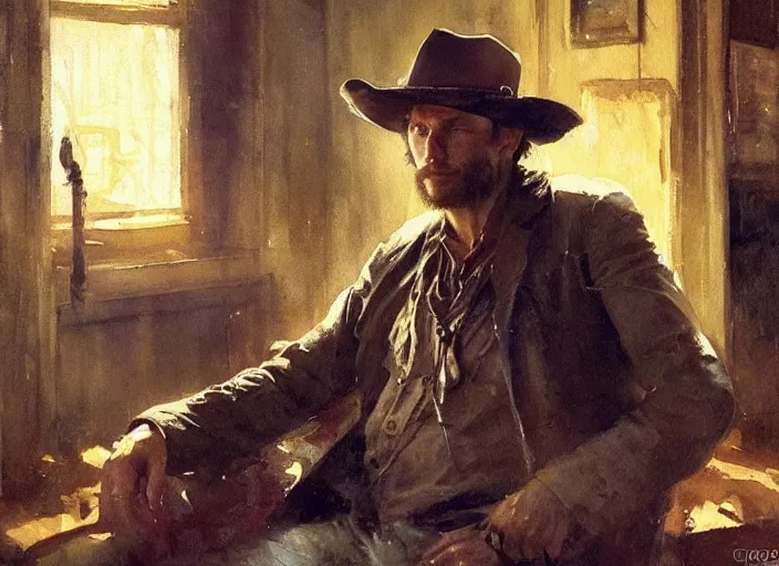 Image similar to oil watercolor painting of young rugged guy in western bar, stubble, long hair, mysterious light, art by anders zorn, wonderful masterpiece by greg rutkowski, beautiful cinematic light, american romanticism by greg manchess, creation by tyler edlin