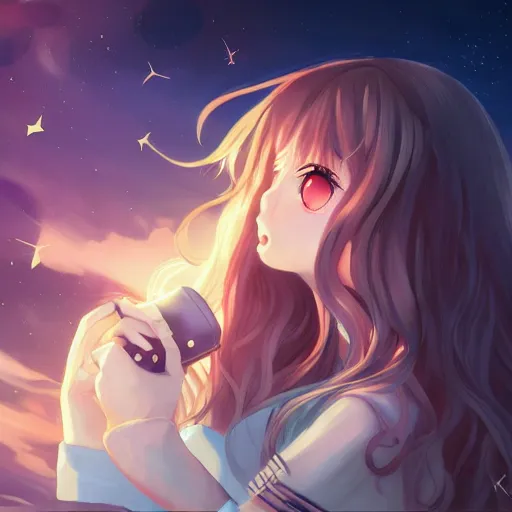 Image similar to anime, full body, bunny girl, a cute female trying to kissing the camera, shooting star in background, long wavy hair, light and shadow effects, highly detailed, digital painting, art station, sharp focus, high quality, frontal view, illustration, concept art, wlop