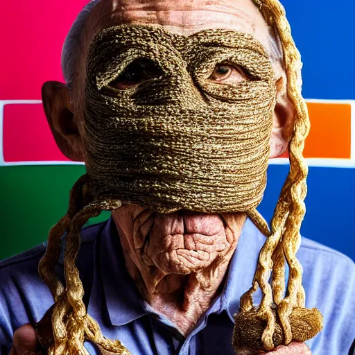 Image similar to an elderly man wearing a mask made from ramen noodles, bold natural colors, national geographic photography, masterpiece, 8 k, raw, unedited, symmetrical balance